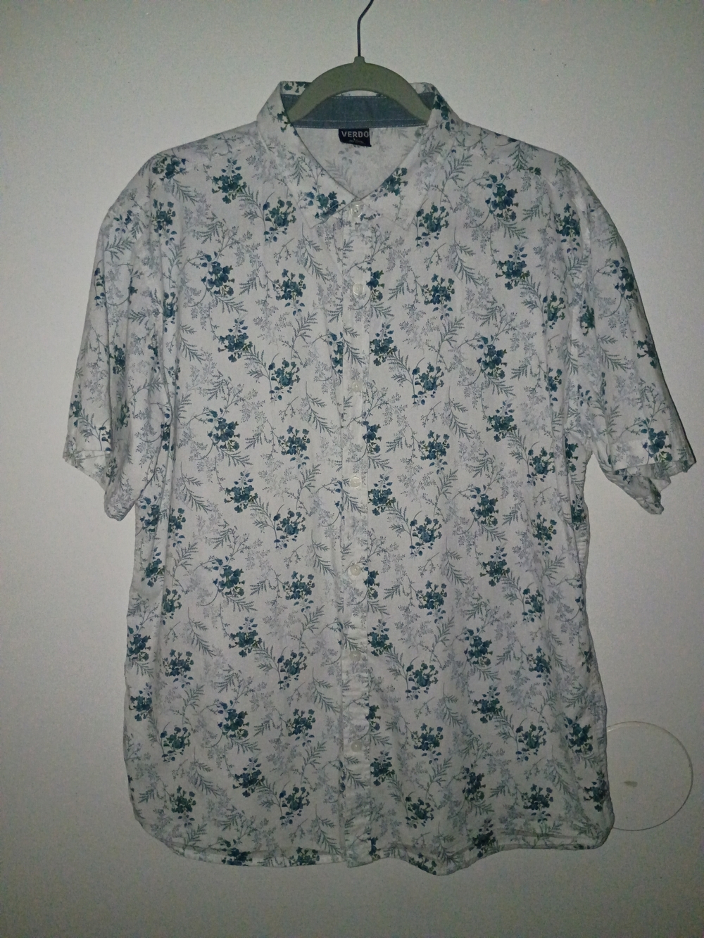 Men’s White Short-Sleeve  Shirt with Blue Floral Print Linen Blend Sz L